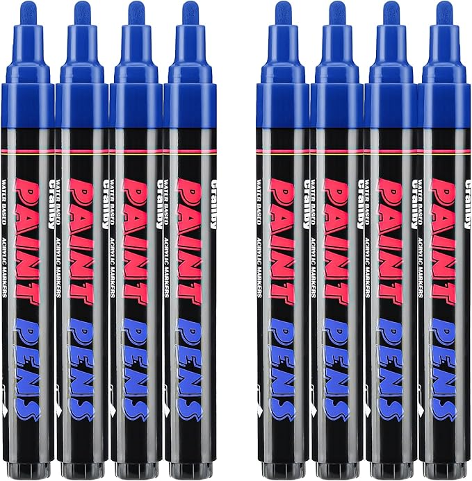 Blue Paint Pens Paint Markers - 8 Pack Permanent Quick Dry Waterproof Marker Pens for Rocks Wood Fabric Plastic Canvas Glass Mugs Metal Tire Stone