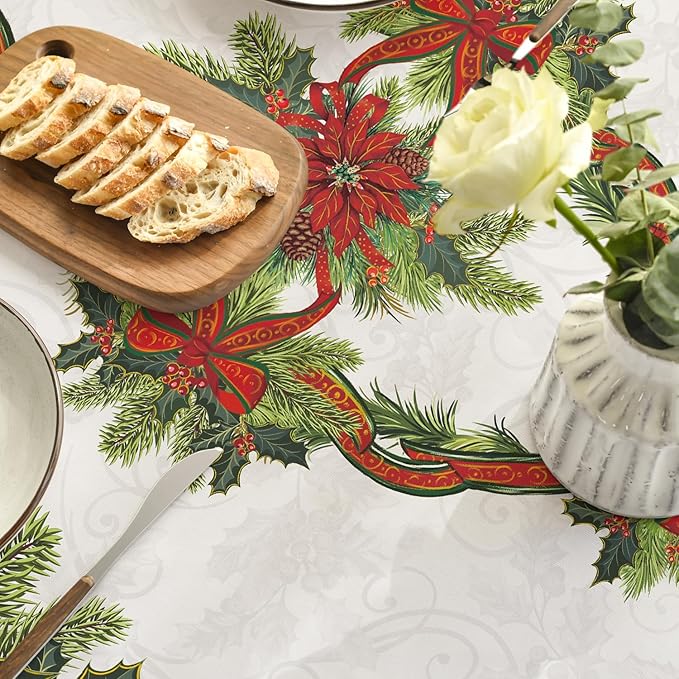 Horaldaily Christmas Tablecloth 60×60 Inch Round, Poinsettia Golden Ribbon Washable Table Cover for Party Picnic Dinner Decor