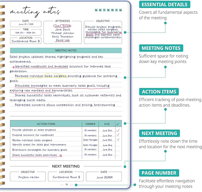 Taja Meeting Notebook for Work Organization - Work notebook with action items, Meeting Minutes Planner Notebook, Perfect Office Supplies for Men & Women - Lavender