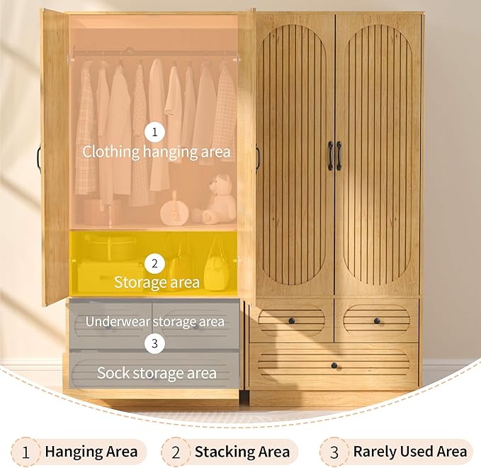 Wood Armoire Wardrobe Closet with Doors, Fluted Wardrobe Cabinet with 3 Drawers, Large Armoire Closet, Tall Clothing Storage Cabinet with Hanging Rod and Shelves, for Bedroom, Laundry, Natural