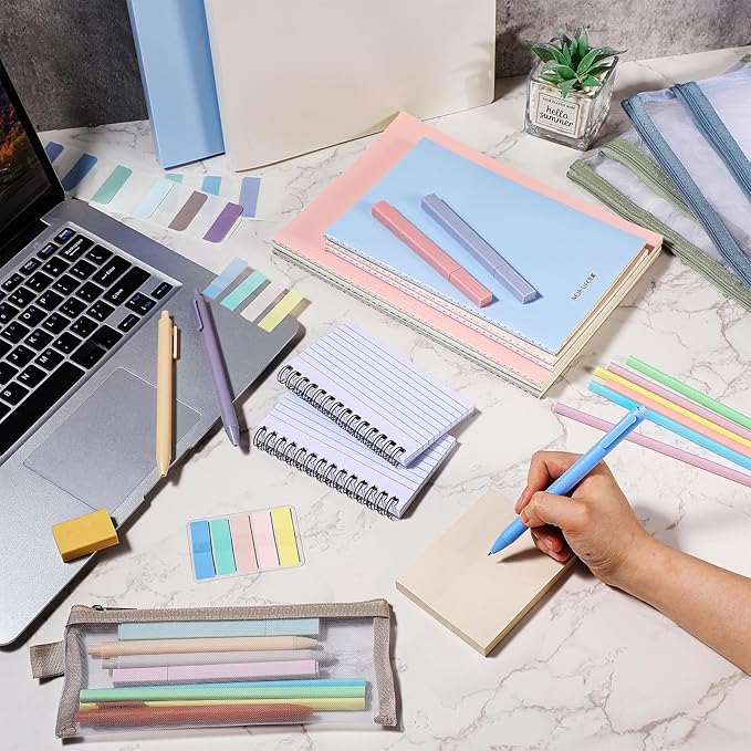 Colarr 54 Pieces Aesthetic School Supplies Including Pastel Highlighters Document Bags Pencils Notebooks Pencil Pouch Ink Pens Sticky Notes Erasers Back to School Gift Stationary Kit Supplies(Morandi)