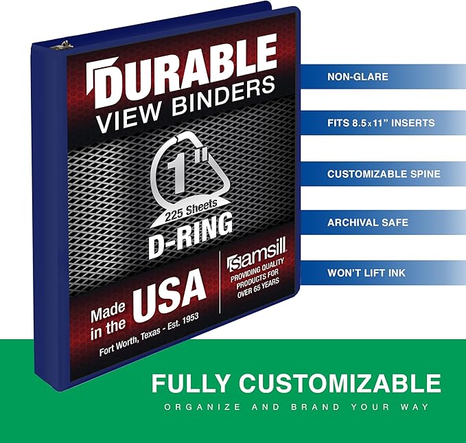 Samsill Durable 1 Inch Binder, Made in The USA, D Ring Binder, Customizable Clear View Cover, Blueberry, Holds 225 Pages