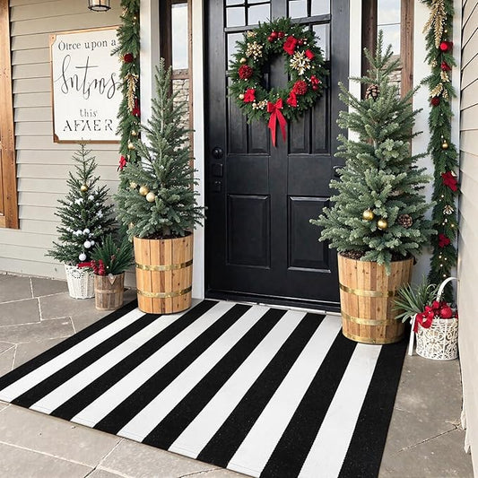 Collive Black and White Outdoor Rug 3'x 5', Hand Woven Washable Striped Outdoor Christmas Rug, Farmhouse Front Porch Rug Decor, Welcome Layered Door Mats for Front Door Entryway Patio Kitchen