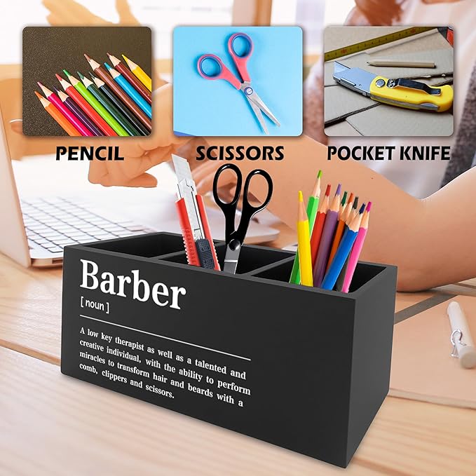 Barber Definition Pen Pencil Holder Organizer for Desk, Salon Barbershop Decor, Modern Minimalist Barber Shop Wooden Box Signs Decorations for Home Office Desk Tabletop
