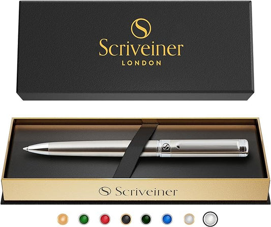 Scriveiner Stainless Steel Ballpoint Pen - Stunning Luxury Pen with Stainless Steel Finish, Schmidt Black Refill, Best Ball Pen Gift Set for Men & Women, Professional, Executive, Office, Nice Pens