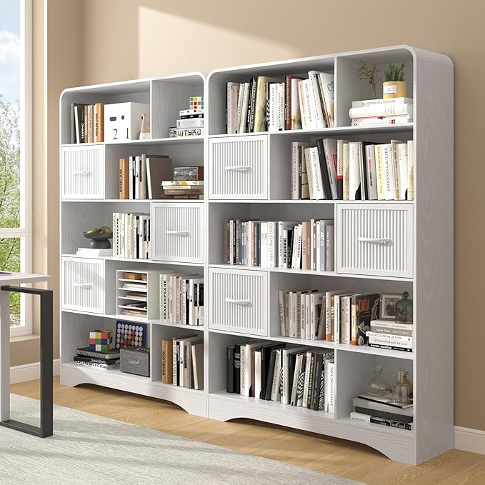 70" Tall Book Shelf and Bookcase, Tall Bookshelf with Storage, 48" Wide Modern Bookcase with Adjustable 3 Bins Storage, Large Bookshelf Wood 13" Deep Display Shelves for Living Room, Home Office,White