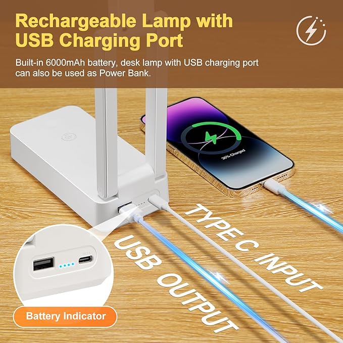Rechargeable Lamps Cordless Lamps,6000mAh Battery Powered Lamp,3 Colors+Dimmable Desk Light,Rechargeable Table Lamp with USB Charging Port+45min-Timer,Wireless & Portable Light,Battery Operated Lights