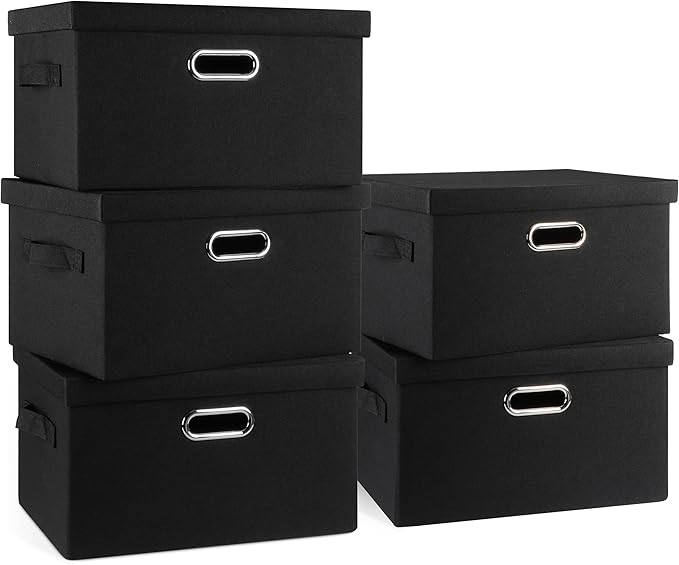 Medium 15" 21 Quart Collapsible Stackable Storage Bins with Lids, 5 Packs Black Foldable Fabric Closet Storage Boxes with Lids, Lidded Heavy-duty Linen Baskets(15x11x8)