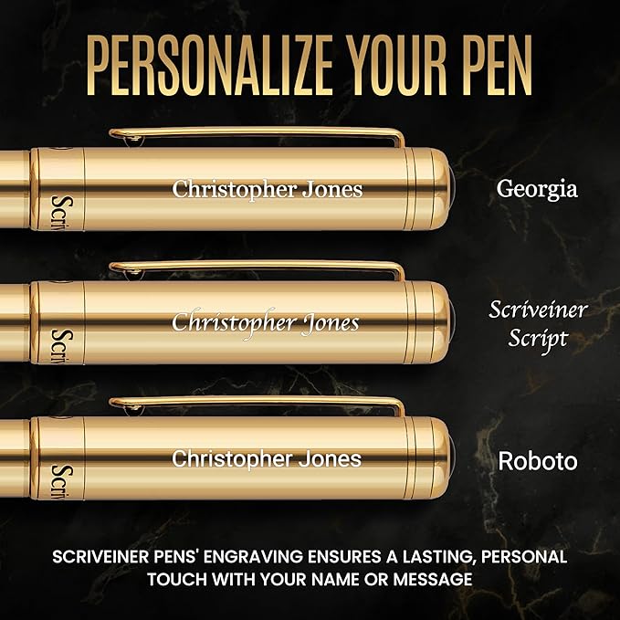 Scriveiner Personalized Gold Ballpoint Pen - Stunning Luxury Pen, Real Gold Plating, Schmidt Ink Refill, Best Engraved Ball Point Gift Set for Men & Women, Custom Name Engraving
