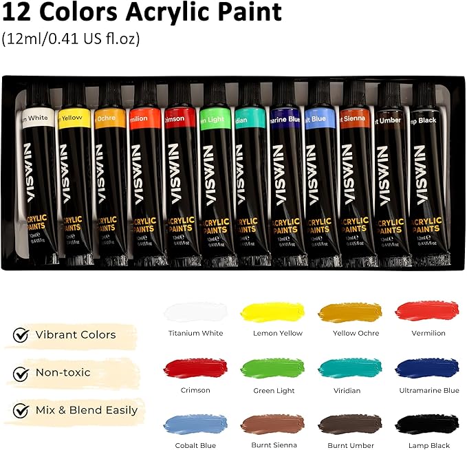 VISWIN 51 Pcs Acrylic Paint Set with Tabletop Easel, Painting Kit with 12 Acrylic Paints, Canvases, Brushes, Palette, Paper Pad, Art Supplies, Ideal Gift for Adults, Kids, Artists, Students