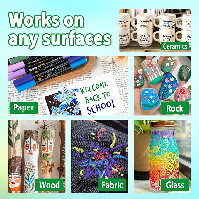 Betem Acrylic Paint Markers Paint Pens, 24 Colors Dual Tip Direct Liquid Acrylic Markers with Automatic Ink Control System, Fine & Brush Tip Art Supplies for Rocks, Wood, Stone, Fabrics, DIY Craft