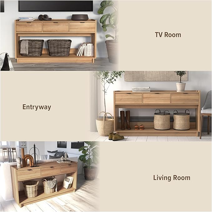 Prepac Natural Oak Simply Modern Entryway Table, Narrow Console Table with 3 Drawers, Media Console with Storage, 15.75" D x 60.25" W x 32" H