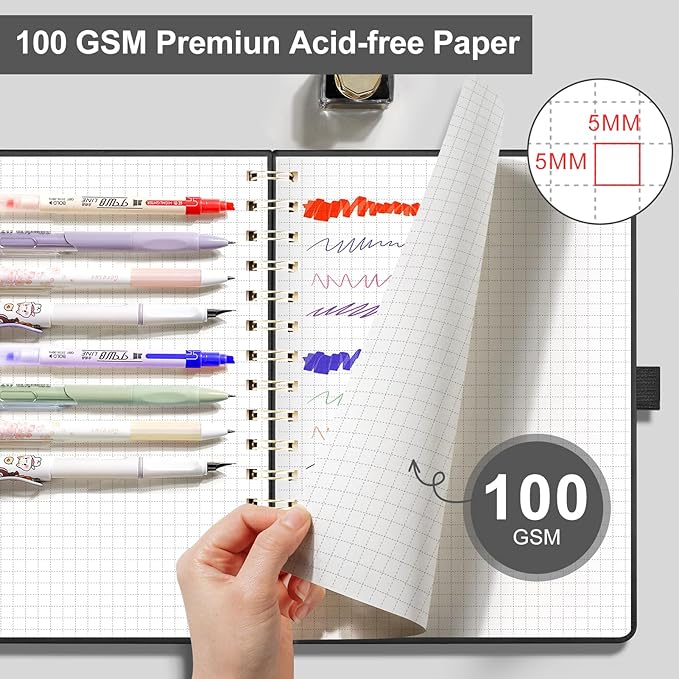 EMSHOI A4 Graph Grid Notebook - 110 Pages 100GSM Grid Paper, Vegan Leather Floral Cover with Spiral Binding for Engineering, Bullet Journaling, School & Work - Includes Ruler, Pockets & Stickers-Black