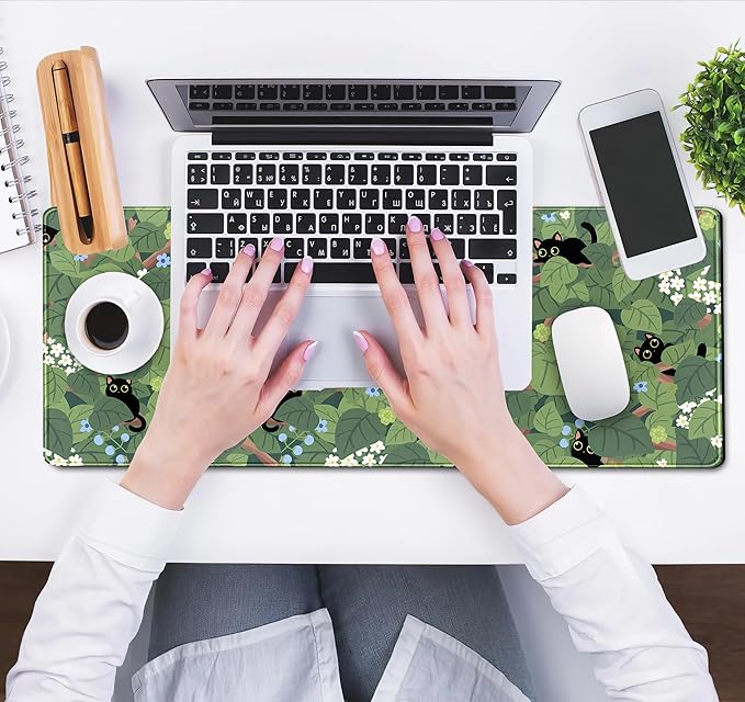 Green Mousepad Desk Mat Cute Anime Black Cat Kawaii Mouse Pad Gaming XL Large Extended Sage Leaves Desk Matt for Desktop, Computer Keyboard Mouse Mat for Women Office Decor Accessories 31.5x11.8 in