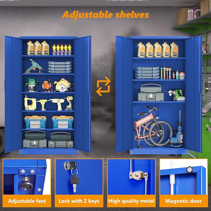 STANI Metal Garage Storage Cabinet with Lock, 71" Steel Lockable File Cabinet, Locking Steel Storage Cabinet with 5 Adjustable Shelves for Home, Office, Garage, Warehouse (Blue, 2 Door - 71" H)