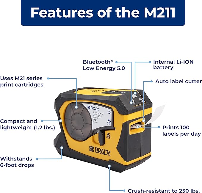 Brady M211 Portable Bluetooth Monochrome Label Printer, Yellow/Black