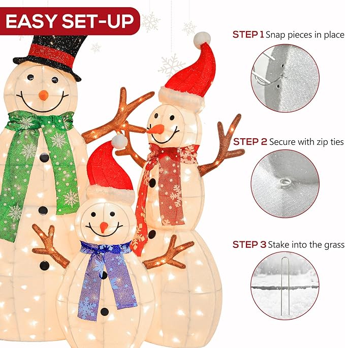 Hykolity 3.5 FT 3D Lighted Outdoor Snowman Family, Set of 3 Light Up Christmas Snowman with 180 Warm White LED Lights for Holiday Decoration, Ground Stakes, Zip Ties