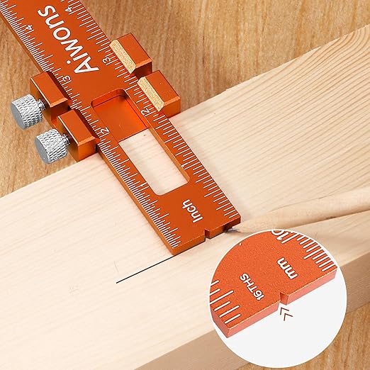 Woodworking Ruler Pocket Rule -12/8/6 Inch Precision Pocket Ruler with 45°& 30°Metal Slide Stop - Wood Marking Ruler Metric Inch Measuring Scribing Rulers - Aluminum Alloy Square Ruler