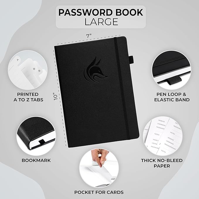 Clever Fox Password Book with alphabetical tabs. Internet Address Organizer Logbook. Large Password Keeper for Website Logins (Black)