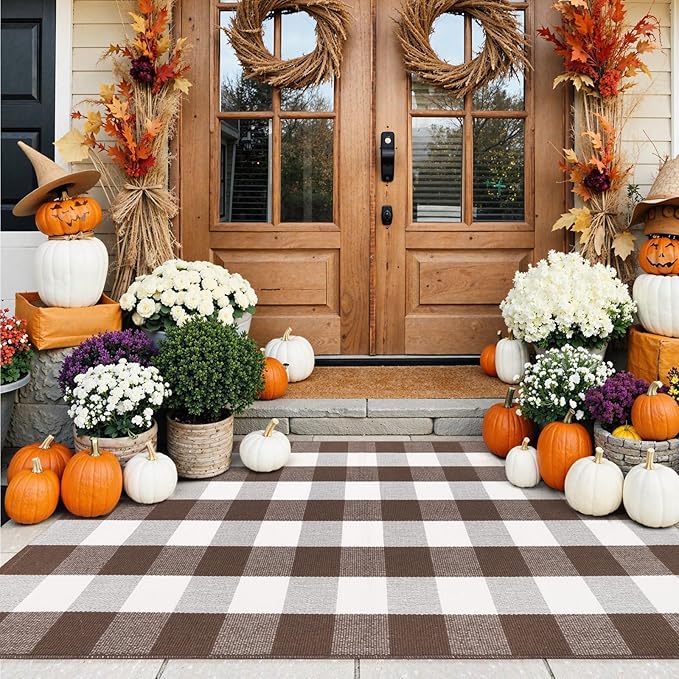 KIMODE Fall Decor Buffalo Plaid Outdoor Rug 3'x5' Brown and White Checkered Rug Farmhouse Cotton Fall Front Outdoor Autumn Door Mat Washable Indoor Outdoor Area Rug Carpet for Front Porch