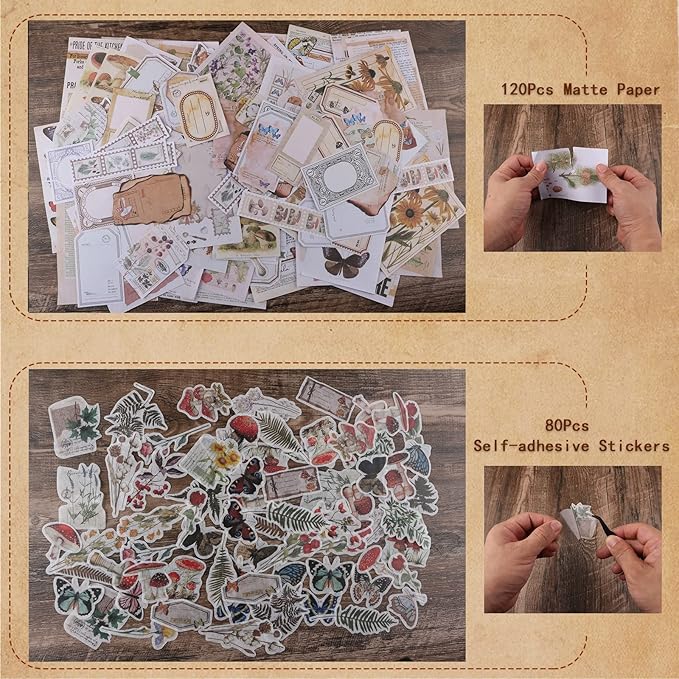 200Pcs Vintage Scrapbook Stickers, Aesthetic Junk Journal Stamping Supplies Kit, Scrapbooking Ephemera Washi Paper for Bullet Journaling Planners Diary Collage