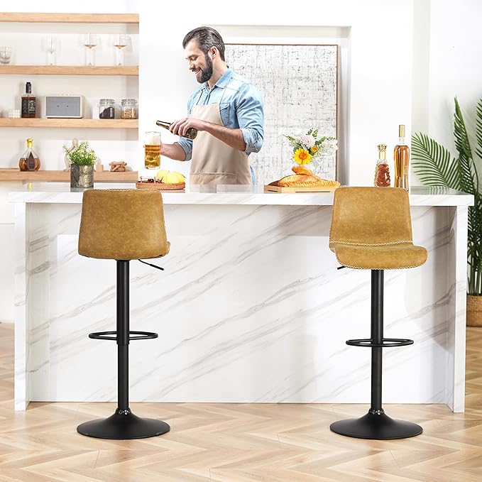 HeuGah Bar Stools Set of 6, Swivel Counter Height Barstools with Back, Adjustable Height 24" to 32", Whiskey Brown Faux Leather Bar Chairs for Kitchen Island (Whiskey Brown, Set of 6 (24'' to 32''))
