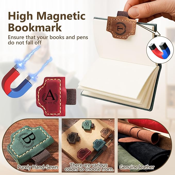 Custom Bygone Mark Bookmark with Pen Holder, 26 Letters Name Initial Personalized Magnetic Leather Bookmark, Gifts for Book Lovers, Readers, Travelers, Leather Book Marks (Light Brown, U)