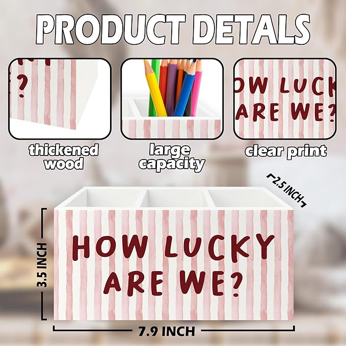Pink Inspirational Pen Pencil Holder Organizer for Desk, Thank You Gifts for Women, Pink Striped How Lucky Are We Motivational Wooden Box Sign for Home Office Desk Tabletop Decorations