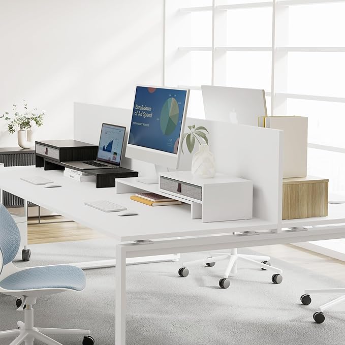 Fenge Computer Monitor Riser Stand with Drawer for 2 or 3 Monitors ,Adjustable Length and Angle Desktop Laptop Stand,Office Organizer,Printer,White