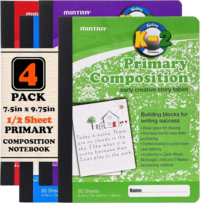 Mintra Primary Composition Notebook, 4 Pack, Assorted Colors 80 Sheets, 7.5in x 9.75in, 1/2 Sheet, Ruled with Drawing Area, Flexible Hardcover Journal, Grades K-2, School & Home Use