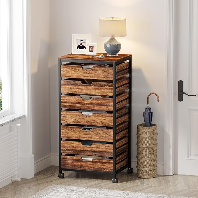Tribesigns 7 Drawer Chest, Wood Storage Dresser Cabinet with Wheels, Industrial Storage Drawer Organizer Cart for Office Bedroom Entryway (Rustic Brown, 1 PC)