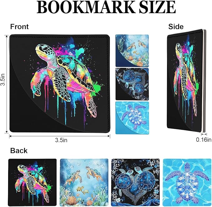 Cute Turtle Corner Bookmarks 4 Pcs, Sea Animal Leather Book Accessories for Book Lovers, Funny Reading Book Page Markers for Women Girls Men Teacher Student Boys Kids Birthday Gifts