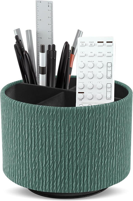 Hennaja Round Leather Art Supply Organizer,Remote Control Holder,360 Degree Spinning,Multi-Functional Pencil Holder,4 Compartments Desktop Stationary Organizer(1-Wood Green)