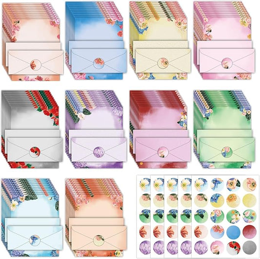 250Pcs Watercolor Stationery Paper and Envelope Set with 100 Letterhead Papers and 50 Envelopes, 10 Design for Letter Writing,Invitations Computer Holidays Party Notes, 8.5x11 Inch-Floral