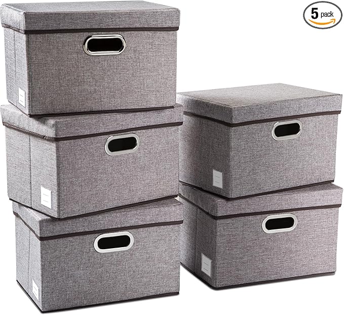PRANDOM Collapsible Storage Containers with Lids [5-Pack] Linen Fabric Foldable Storage Bins Boxes Organizer Baskets Cube with Cover for Home Bedroom Closet Office Nursery (14.9x9.8x9.8)