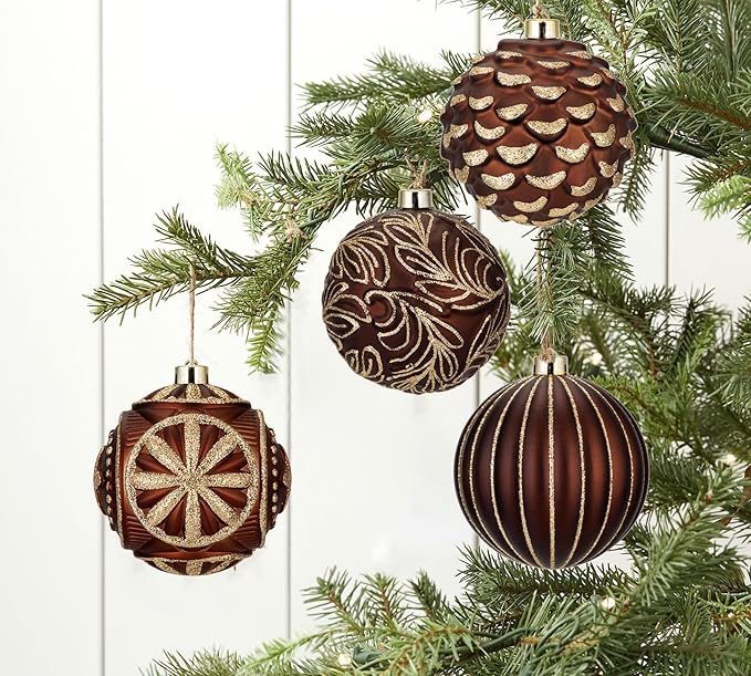 Hollyone 4.7 Inch Large Brown and Gold Christmas Ornaments 4Pcs Christmas Tree Balls Bronze Ornaments Shatterproof Christmas Ornaments for Xmas Tree Decor Party Wreath Home Decor (Brown, 120mm)