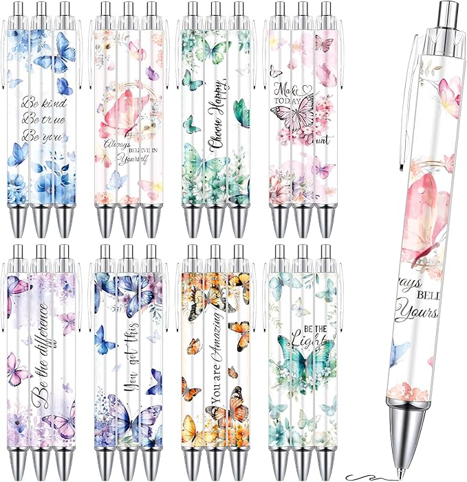 Butterfly Inspirational Ballpoint Pens - 24PCS Butterfly Print Pens Set Retractable Positive Flower Pens Smooth Writing Floral Pens for Office Stationery School Supplies for Women Teacher Gift