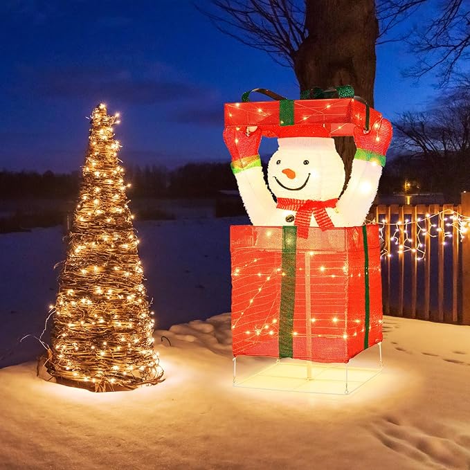 Tangkula Lighted Snowman Christmas Decoration, Pre-Lit Pop up Snowman with 100 Warm LED Lights for Indoor Outdoor, 3D Xmas Holiday Decoration for Home Lawn Yard Garden, Plug in