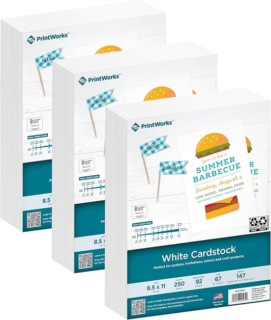 PrintWorks White Cardstock 8.5" x 11" - 67 lb/147 gsm Vellum Bristol - 750 Sheets - Made in the USA - SFI® Certified - 92 Bright - Card Stock Printer Paper for School, Craft, & Office Use (00564C)