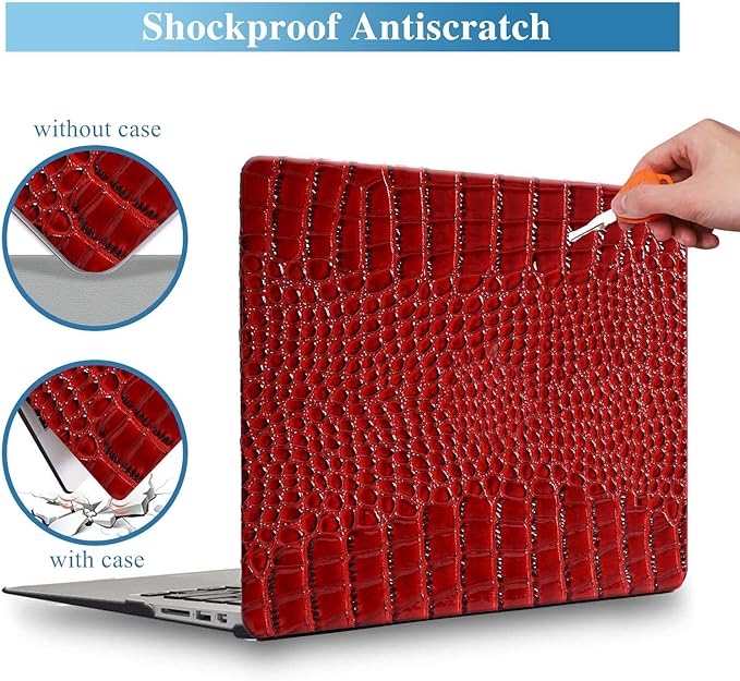 KEROM Compatible with Crocodile MacBook Air 13 inch Case 2021 2020 2019 2018 M1 A2337 A2179 A1932, Textured Elegant Luxury Aligator Skin Snakeskin PU Leather Hard Shell & Keyboard Cover, Burgandy