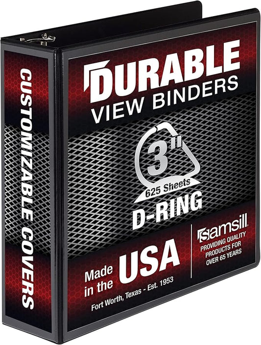 Samsill Durable 3 inch 3 Ring Binder, Made in USA, D Ring Binder, FSC 100% Recycled Chipboard, Black