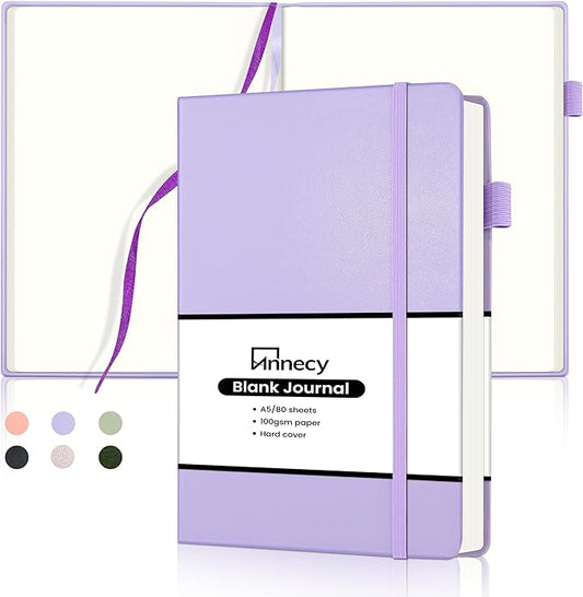 Annecy Blank Journal Notebook, Medium 5.5x 8.25, 160 Pages 100GSM Writing Paper, A5 Purple Faux Leather Cover with Pen Loop