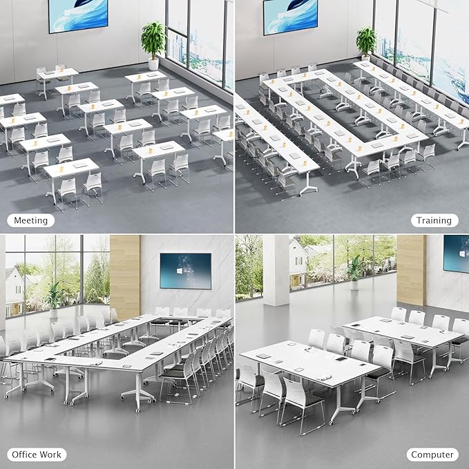 Conference Table Folding Conference Table, Modern Conference Room Table White Meeting Table Flip Top Large Mobile Training Tables, Mobile Training Seminar Tables for Office Classroom (6pack 55.1in)