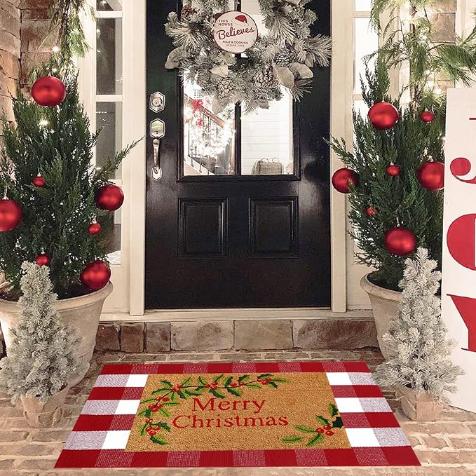 Christmas Red and White Plaid Rug, 28 x 43 Inches Cotton Hand-Woven Layered Door Mat for Front Porch, Entryway, Outdoor Holiday Decor, Washable Buffalo Check Rug for Home, Patio, Kitchen