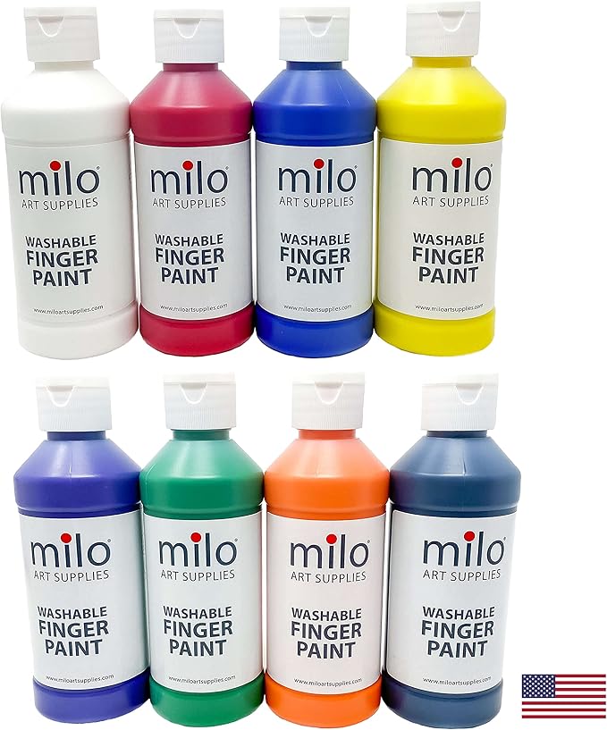 milo Kid's Washable Finger Paint Set of 8 Colors | 8 oz Bottles | Safe and Non-Toxic | Made in the USA | Art & Craft Paints for Kids, Toddlers, Pre School Supplies Painting Set for Children | Easy Pour and Squeeze Bottles