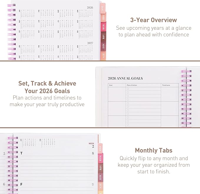Rileys 2026 Planner, Agenda Planner With Weekly And Monthly View, Daily Agenda Book And Yearly Planners Calendar Book, Spiral Bound With Tabs, Notes, Goals And Holidays (Pink, 8 x 6 in)