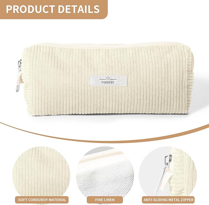 Pencil Bag Pen Case, Soft Corduroy Small Pencil Pouch Organizer with Zipper, Cute Pencil Case Pouch Stationery for Girls and Boys – White