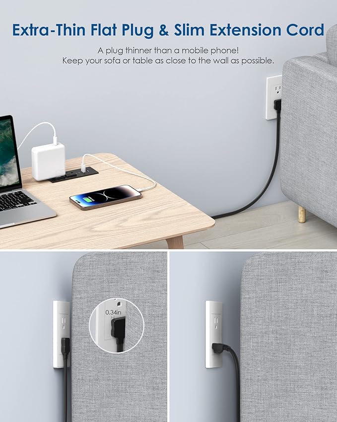 45W USB C Recessed Power Strip,Flush Mount Desk Recessed Outlet,Space-Saver for Furniture Side Table,2 USB-C &2 USB-A Ports,2 AC Outlets,6ft Cord,Ultra Thin Flat Plug