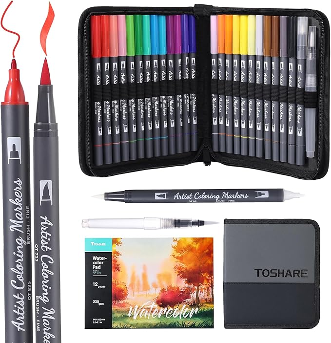 Watercolor Pens Set, 24-Color Dual Tip Paint Markers, Water-Based Coloring Markers with 1 Aquapen, 1 Colorless Blender, and 12-Page Pad, Art Supplies for Artists & Beginners