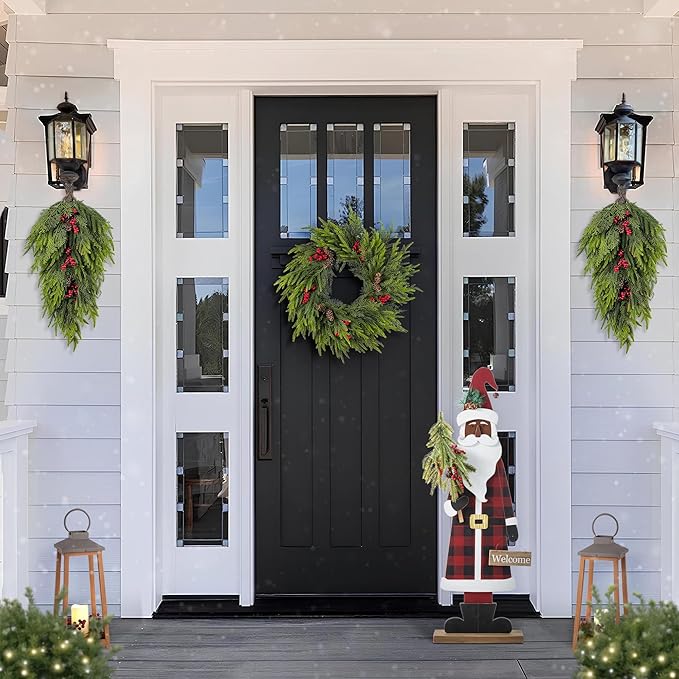 Glitzhome 36''H Lighted Wooden Africa Santa Porch Decor with Timer & LED Lights, Christmas Standing Santa Porch Sign Decor with Xmas Tree and Welcome Plaques for Front Door Outdoor Decor